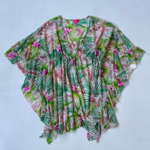 Betsey Johnson NWT Green Tropical Palms Knit Chiffon Caftan Top Sz M/L - Picture 1 of 10